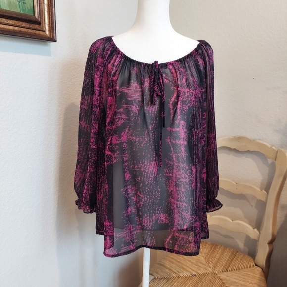 Pleione Tops - Pleione Purple and Black Blouse Sheer Keyhole Neck with Tie  Sz S